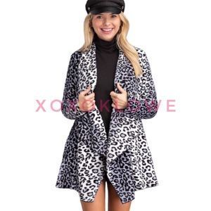 Leopard Print Plush Faux Fur Open Front Cardigan in Black, Gray & White